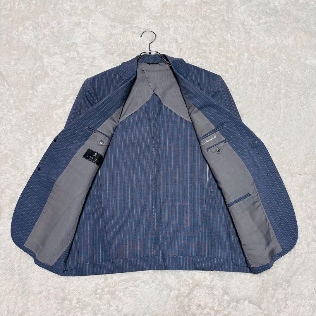 希少カラー ランバン 3ピース 高級 スーツ モヘヤ混 ブルー ストライプ M