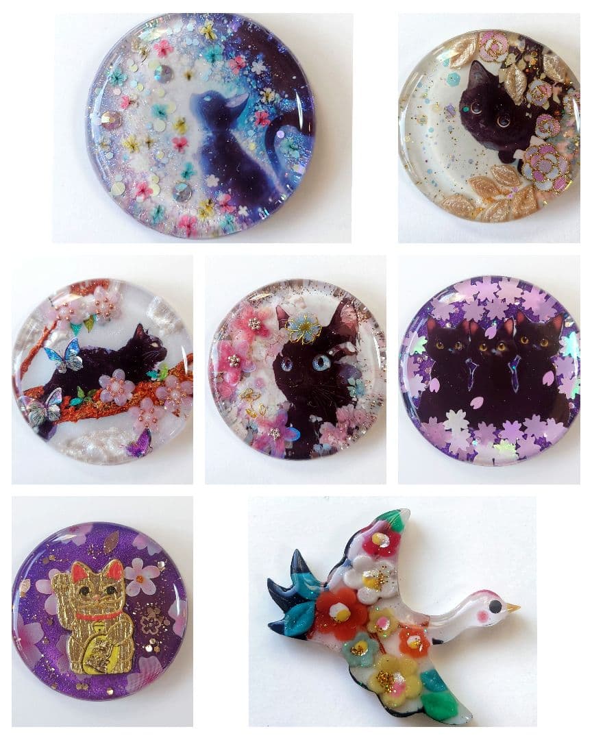 レジン　猫　鶴　ヘアゴム　ブローチ　ポニーフック　No.500