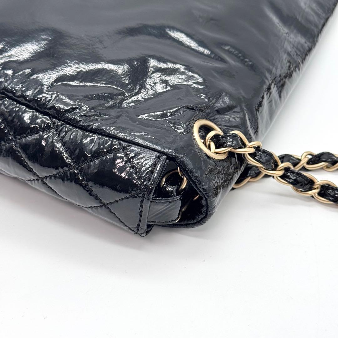 極美品 シャネル デカココ チェーン ショルダーバッグ フラップ エナメル 黒