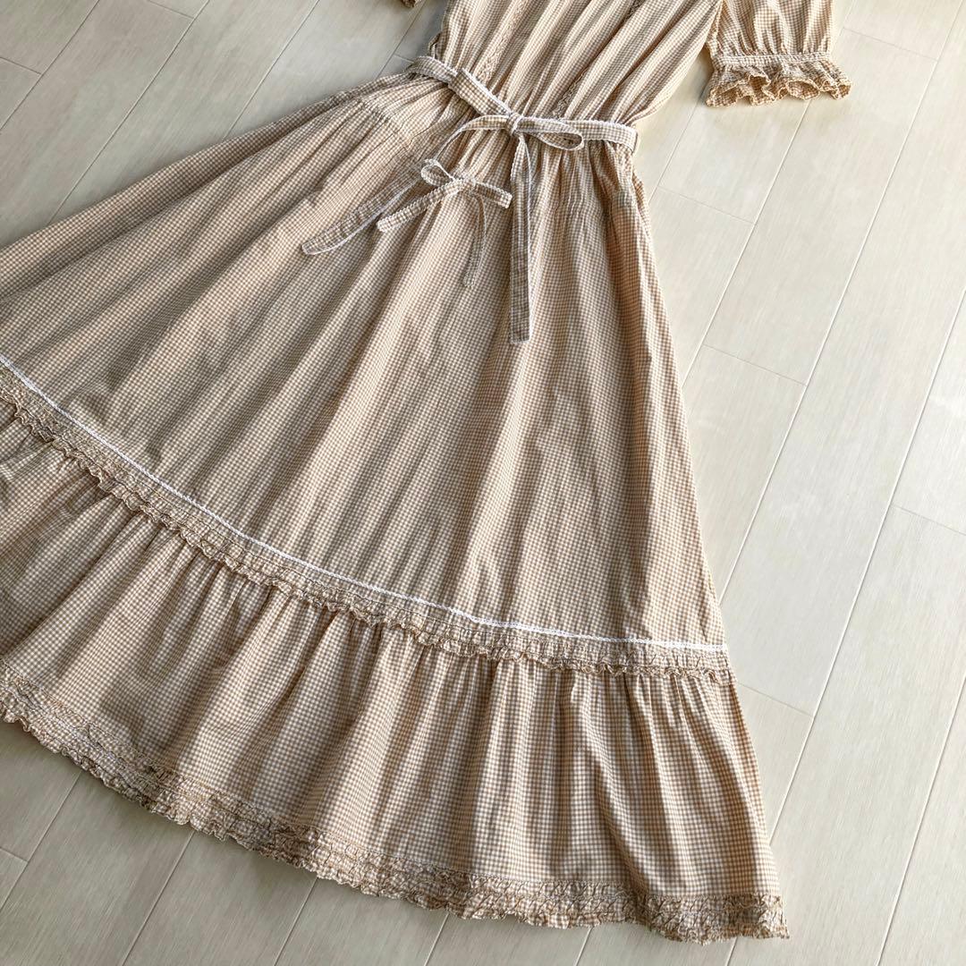 ピンクハウス 綿ローン ベージュ×白 チェック柄 ピコフリル ワンピース