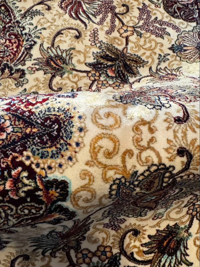 イラン製 ペルシャ絨毯 カシャーン 優雅な艶　高密度 クリーム×バーガンディ