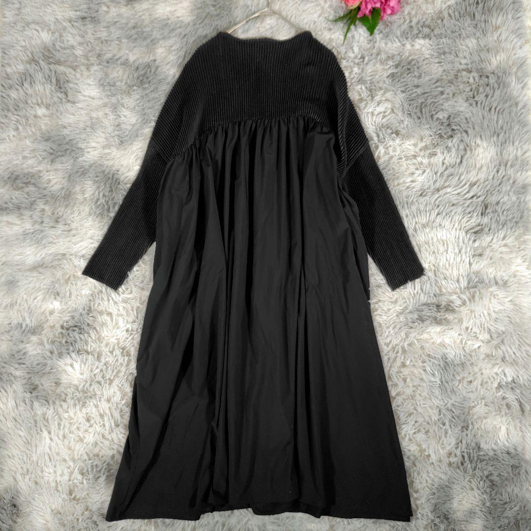 スペッチオ◎ロングワンピース プリーツ 長袖 ボートネック 体型カバー お洒落黒