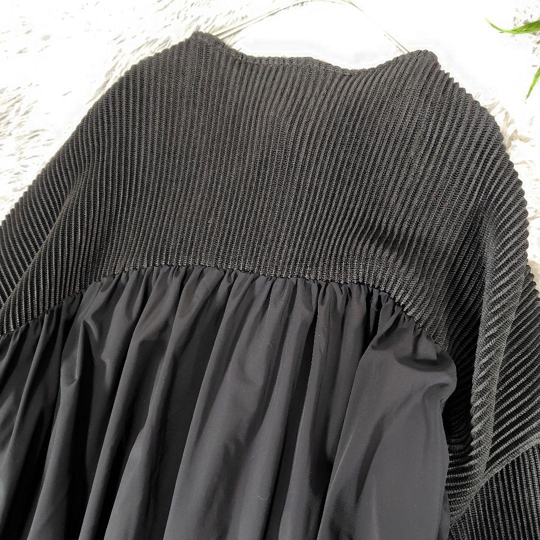 スペッチオ◎ロングワンピース プリーツ 長袖 ボートネック 体型カバー お洒落黒