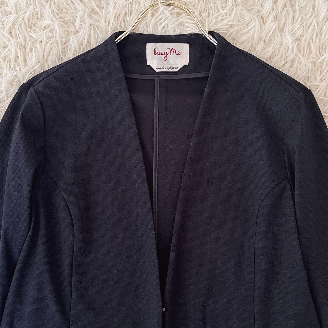 大きいサイズ13✨ケイミー ノーカラー スカートスーツ セットアップ 紺 伸縮性