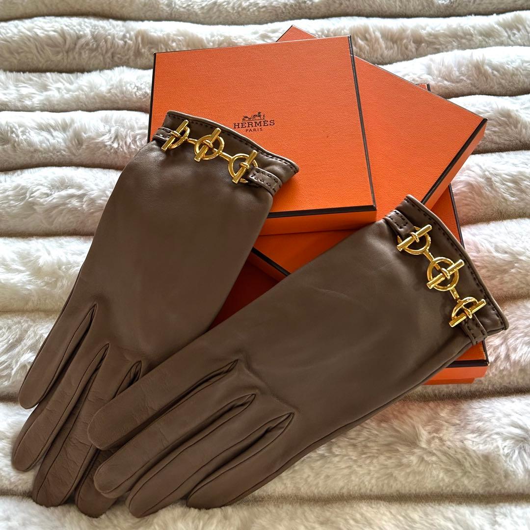 美品★エルメス シェーヌダンクルレザーグローブ グレナン 手袋 8 エトゥープ