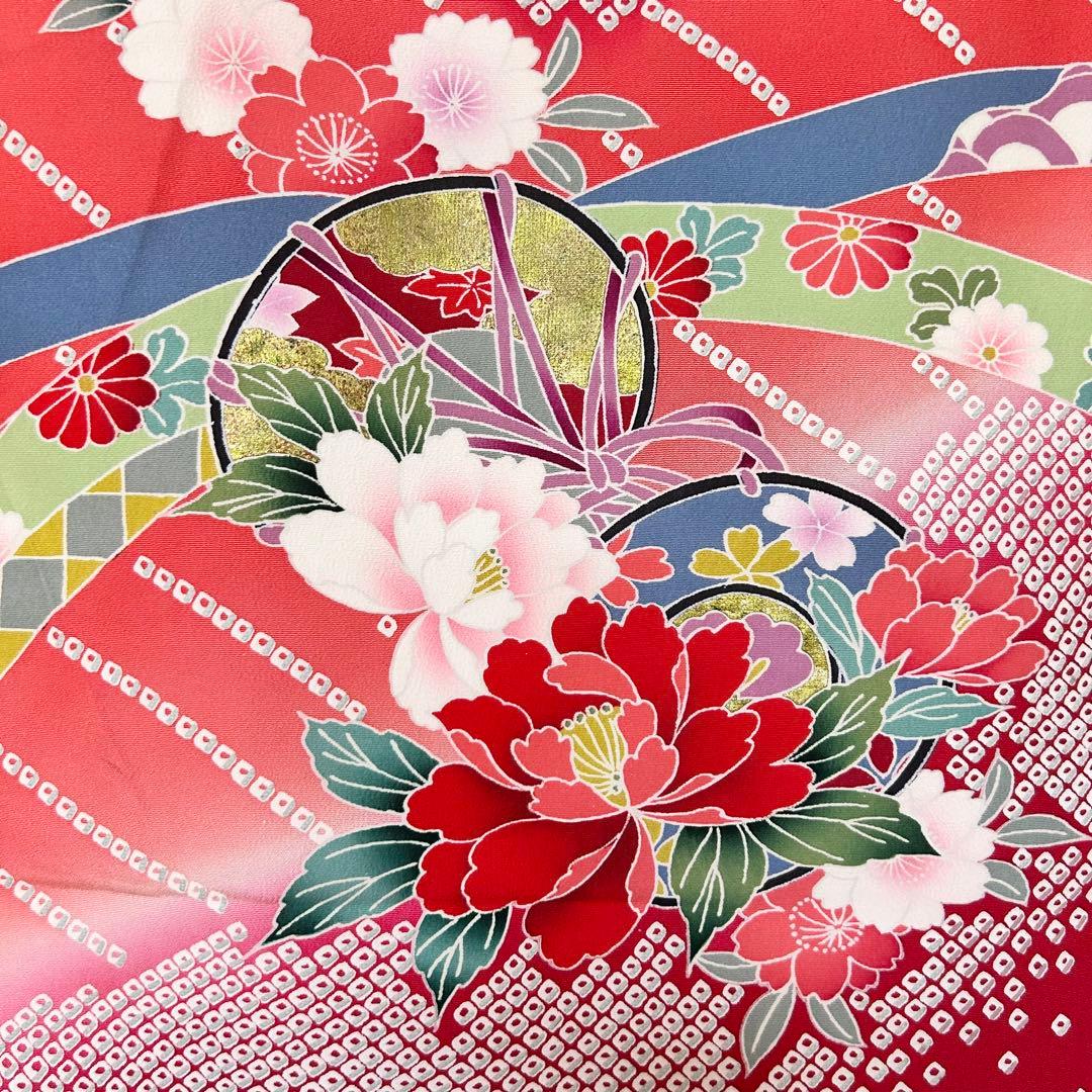 お宮参り　産着　祝着　赤　鼓　舞蝶　絞り柄　四季草花　女の子　襦袢付き