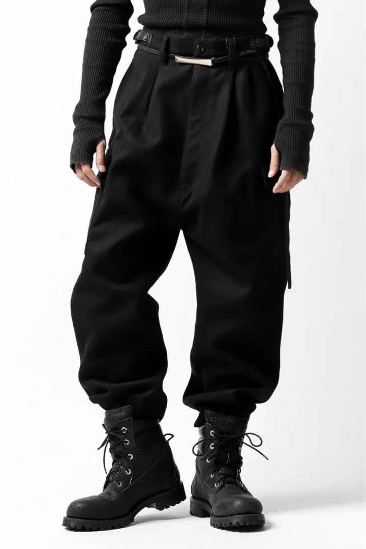 良品バックラッシュ20AWウールカシミヤメルトン+ホースレザーワイドカーゴパンツ