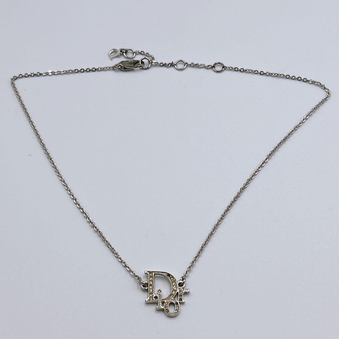 【Christian Dior】 ロゴ ラインストーン ネックレス シルバー