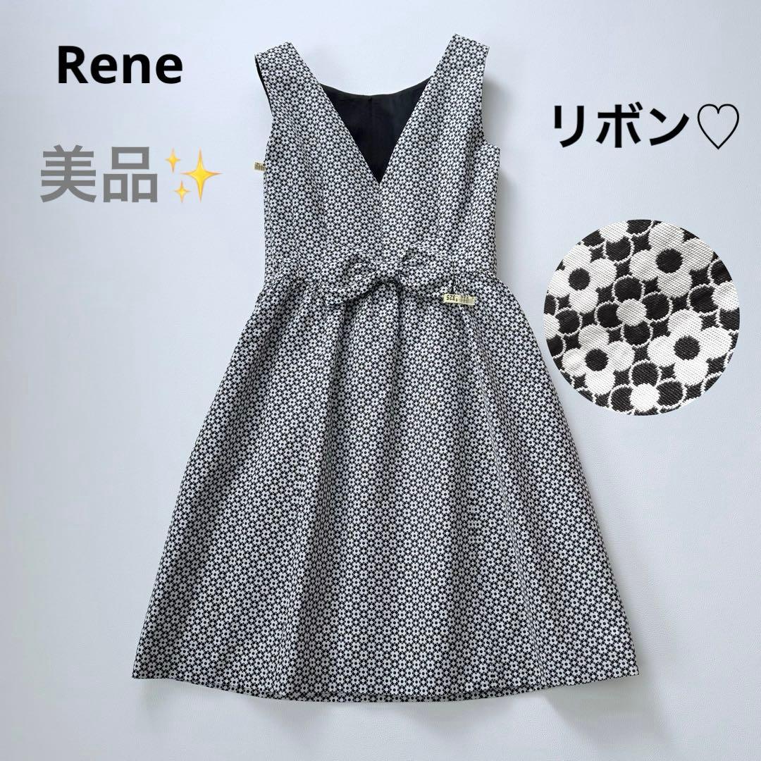 美品✨ルネ　リボンブローチ付き　カメリア総柄ワンピースドレス　クリーニング済　M