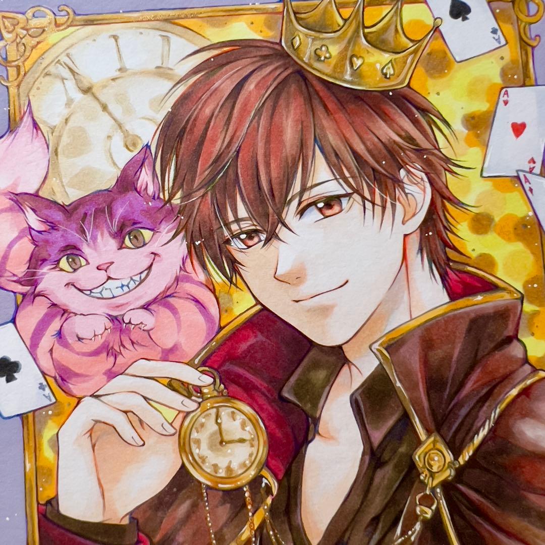し*こ様 不思議の国のキング ＊時を操る青年とチェシャ猫 ＊手描きイラスト＊色紙