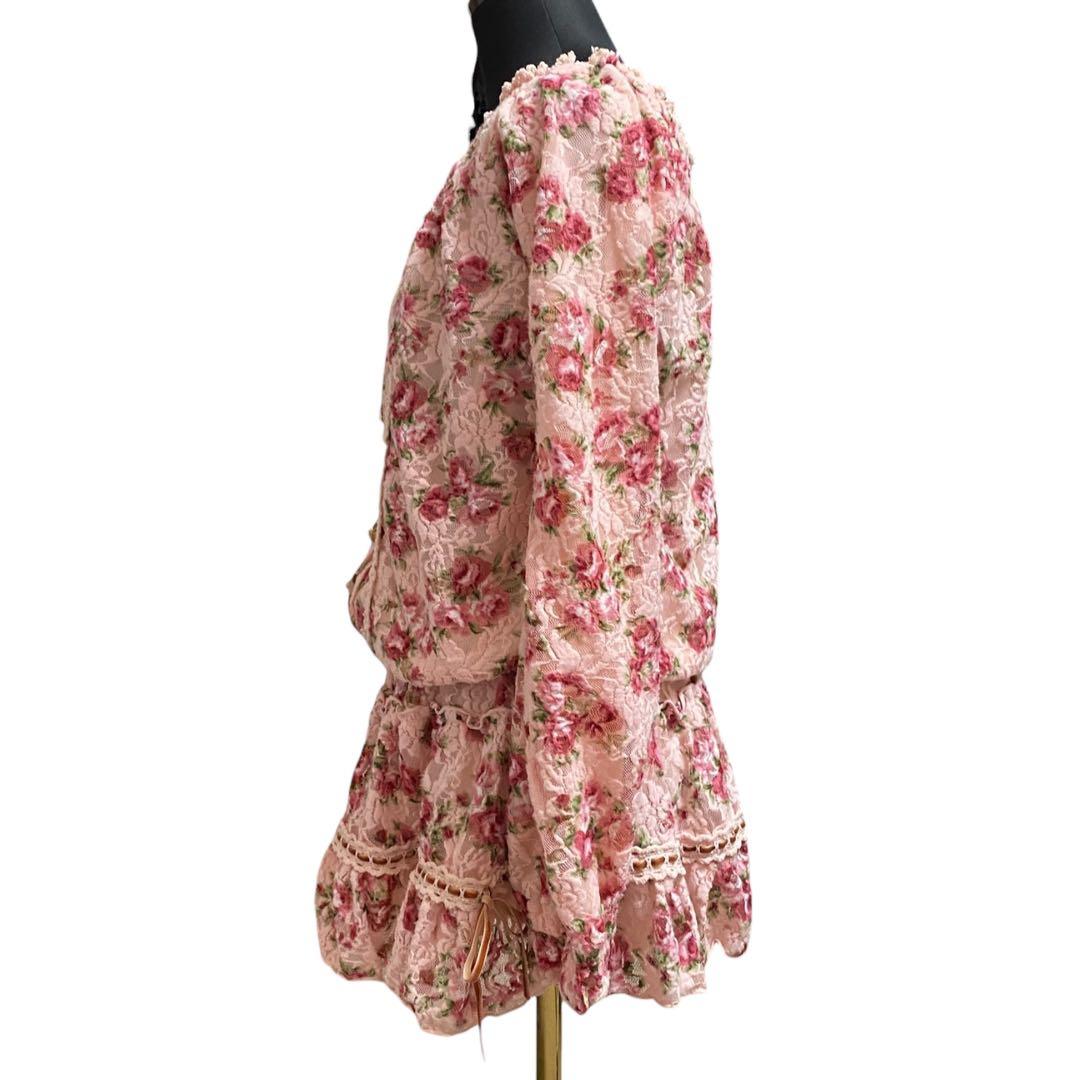 Y2K LIZLISA オフショル花柄レースワンピ リボン 姫ギャル 平成ギャル