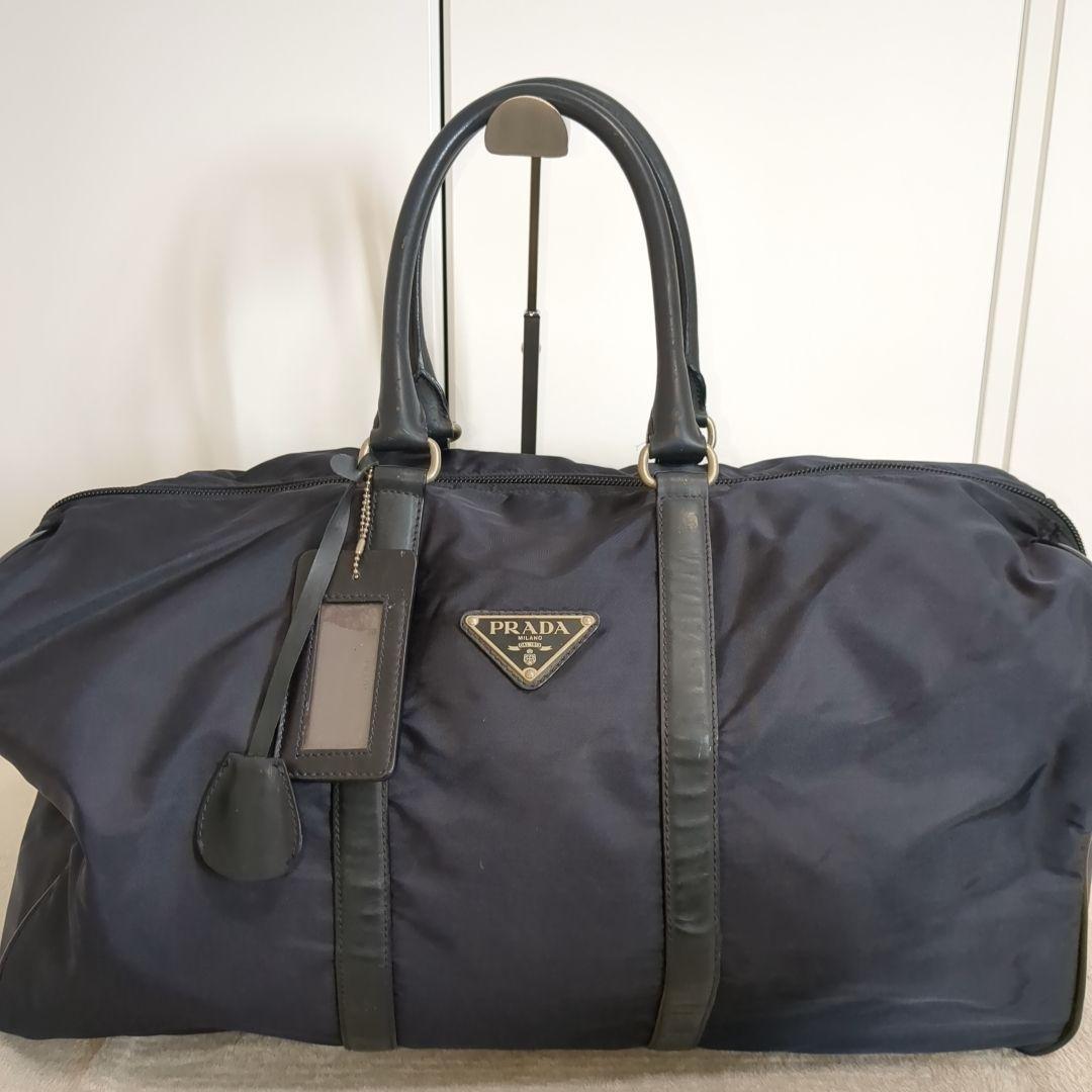 プラダ ボストンバッグ 三角ロゴ 希少色 ネイビー レザーハンドル 大容量
