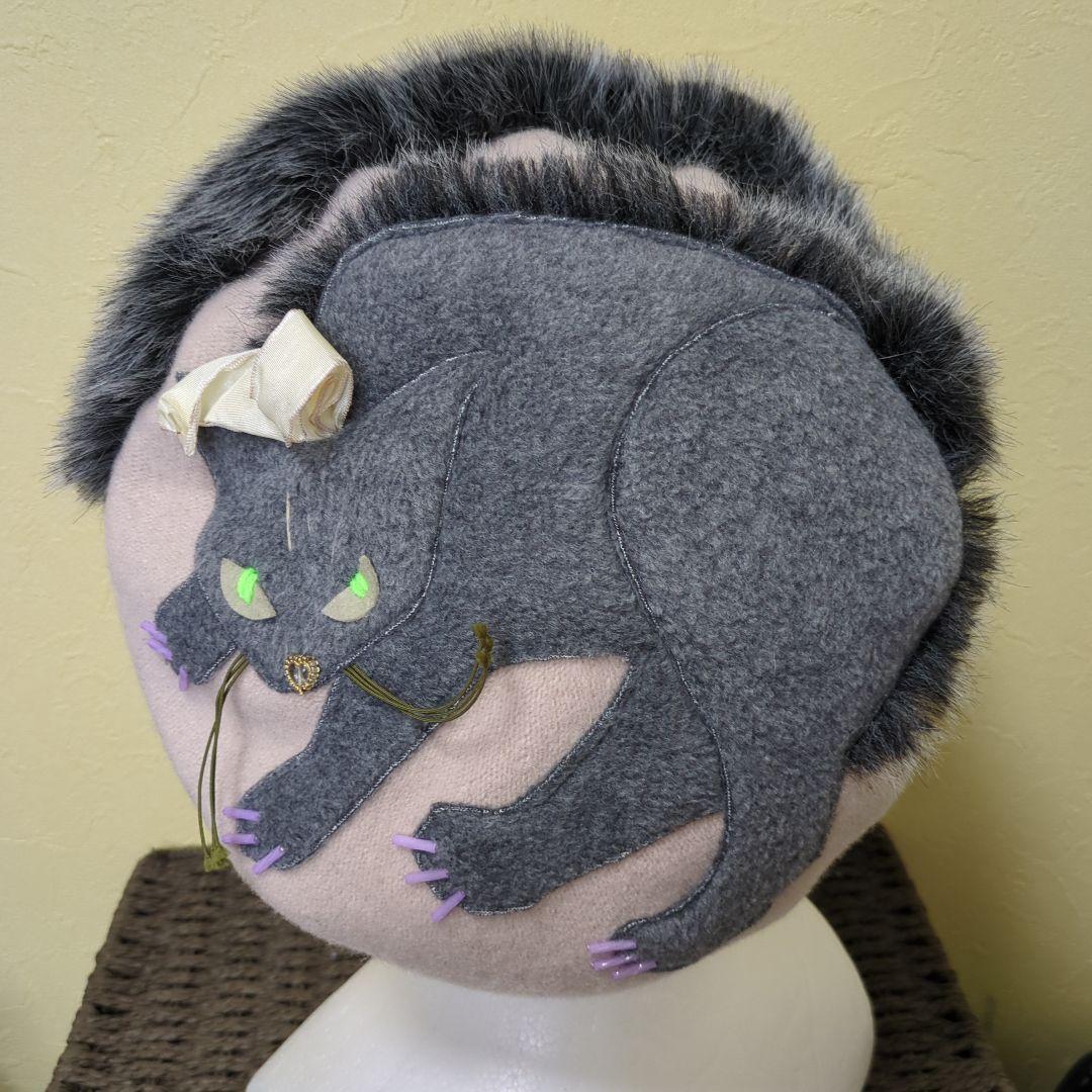 カシラ　猫デザイン ベレー帽 グレー ピンク