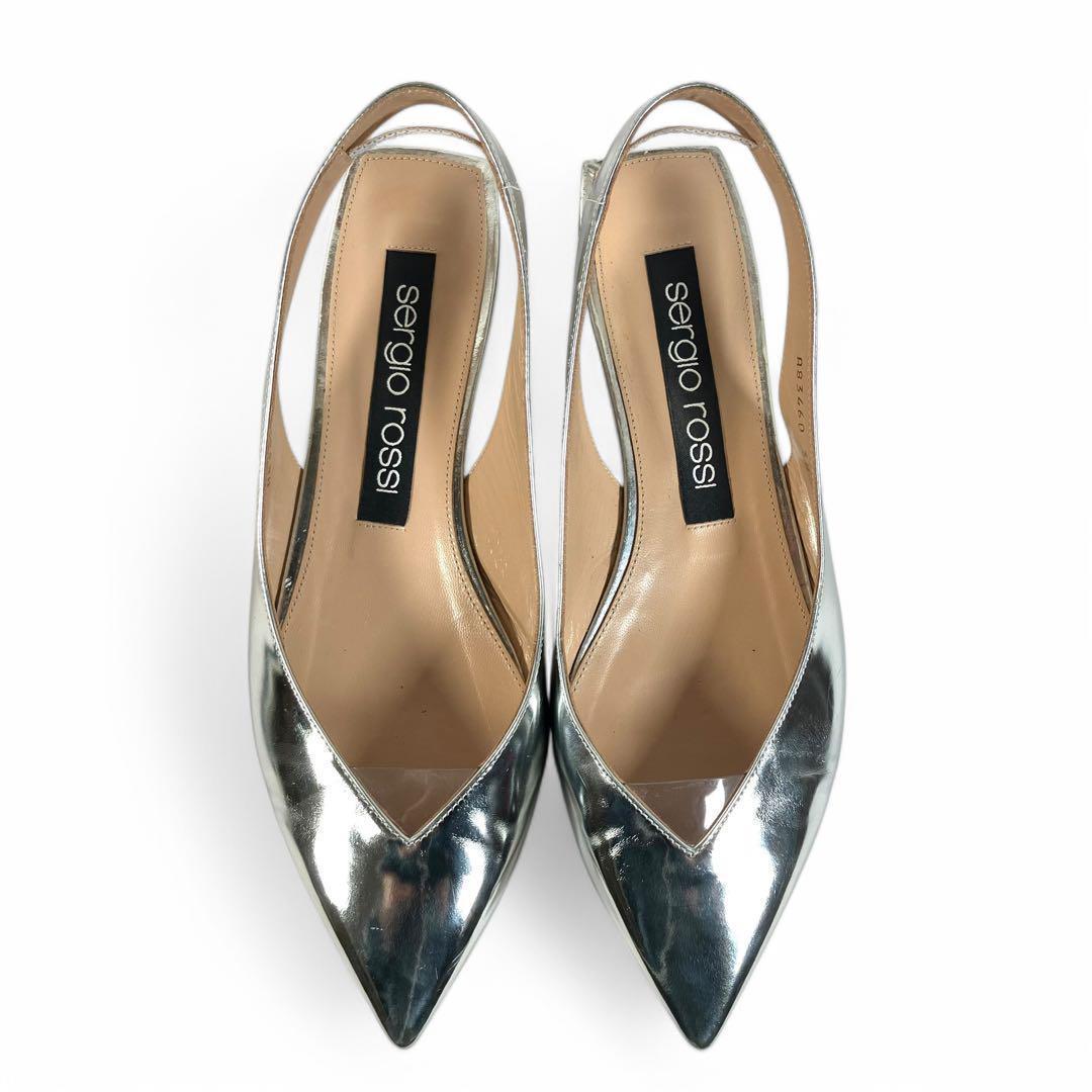 セルジオロッシ 38 24.5 レザー ミュール ポインテッドトゥ シルバー