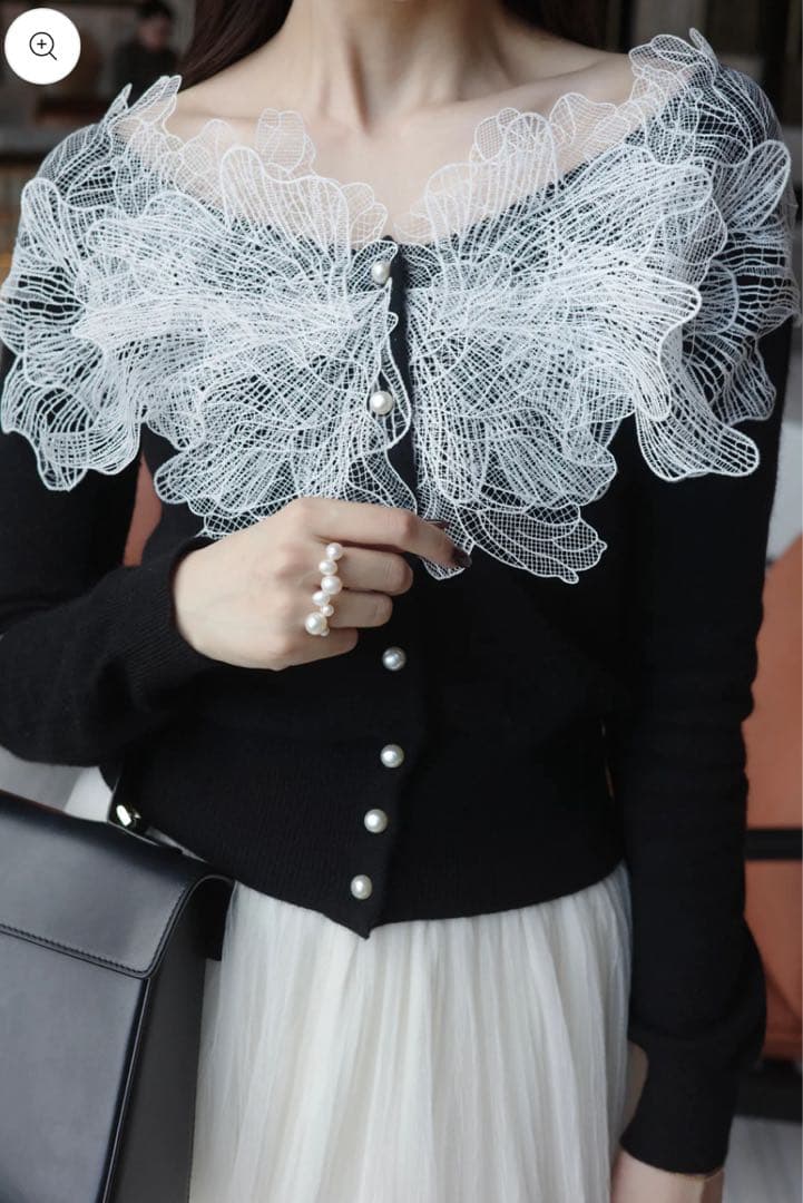 【poláura】ポローラ　 レースフリルカーディガン　ブラック