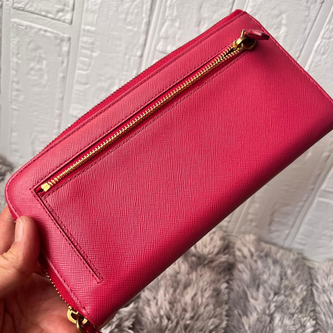 美品✨プラダ　L字ファスナー　サフィアーノ　長財布　フィオッコ　リボン　ピンク