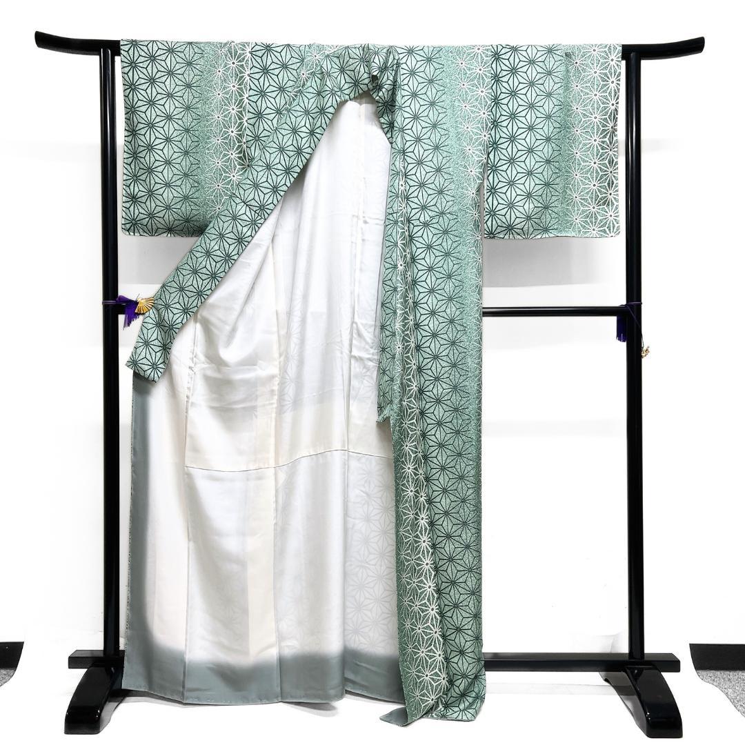 未着用　小紋　麻の葉　たたき染　縦縞　花紗綾形地紋　着物　115b d ms