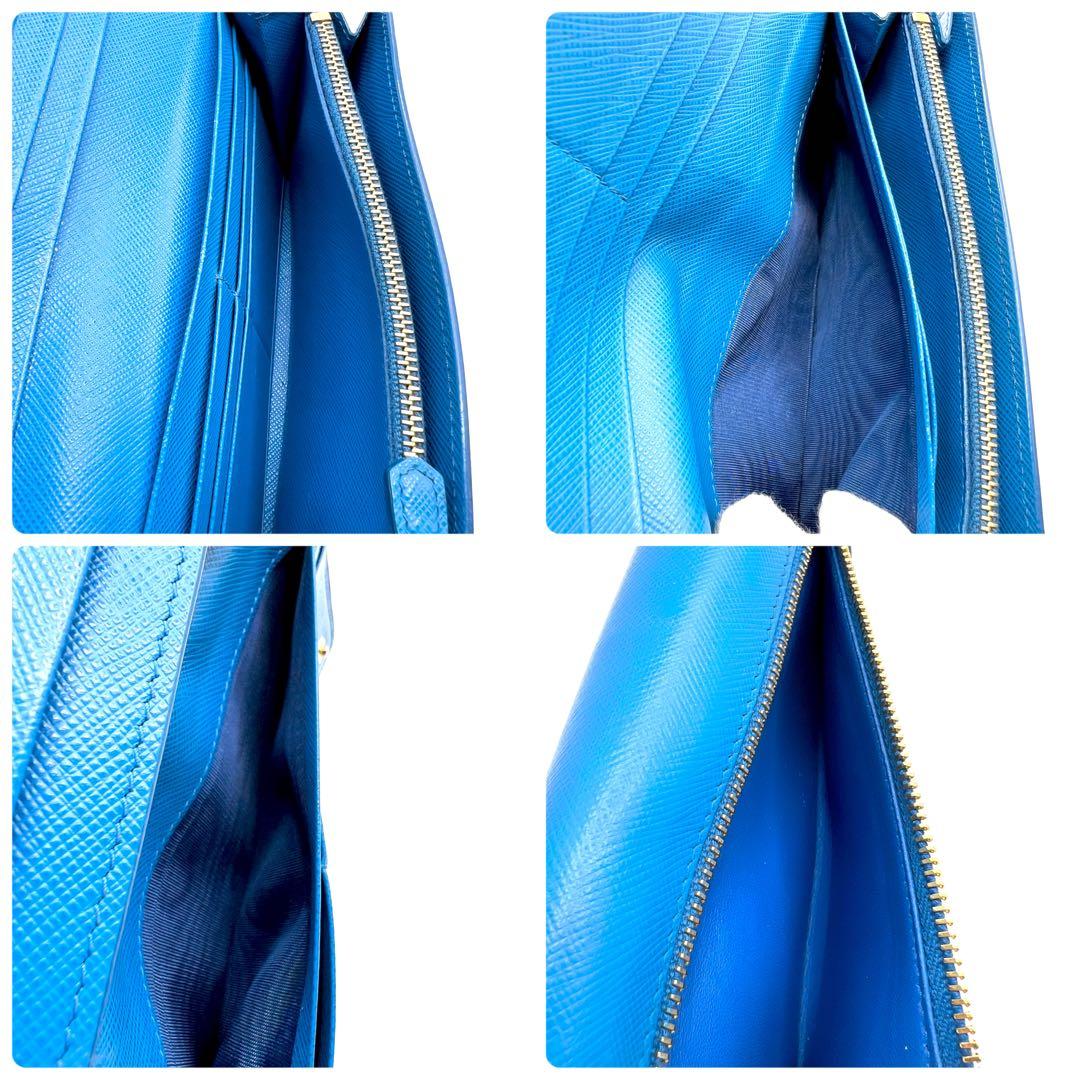 極美品✨PRADA 長財布 サフィアーノ シャインロゴ レザー フラップ ブルー