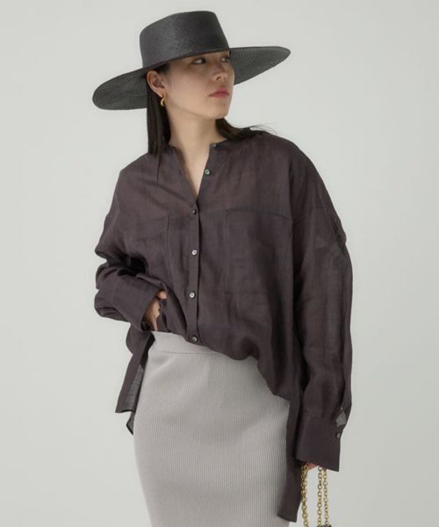 【美品】CHAOS リガーラミーバンドカラーシャツ リネン100% ブラウン