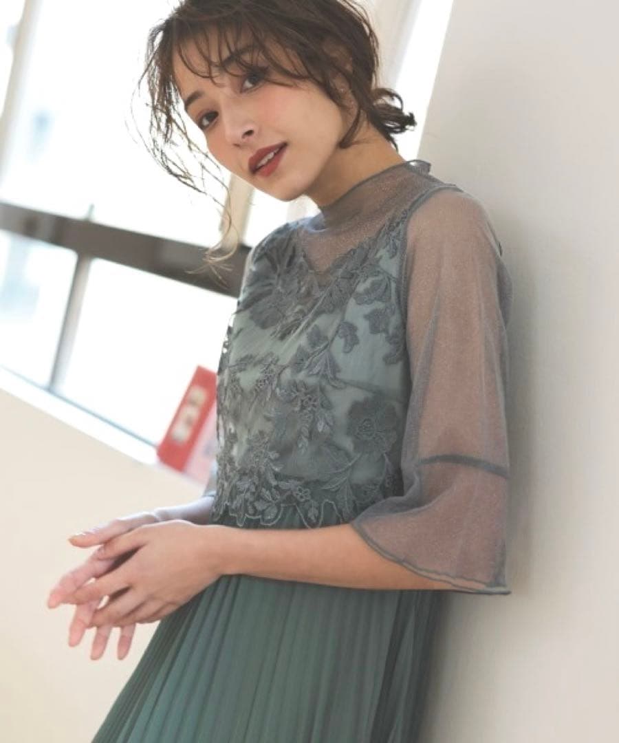 ドリードール メロースリーブ×プリーツドレス　ライトカーキ　グリーン　ミント　緑