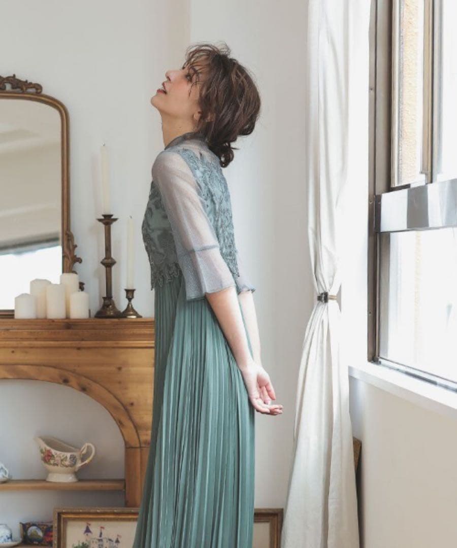 ドリードール メロースリーブ×プリーツドレス　ライトカーキ　グリーン　ミント　緑