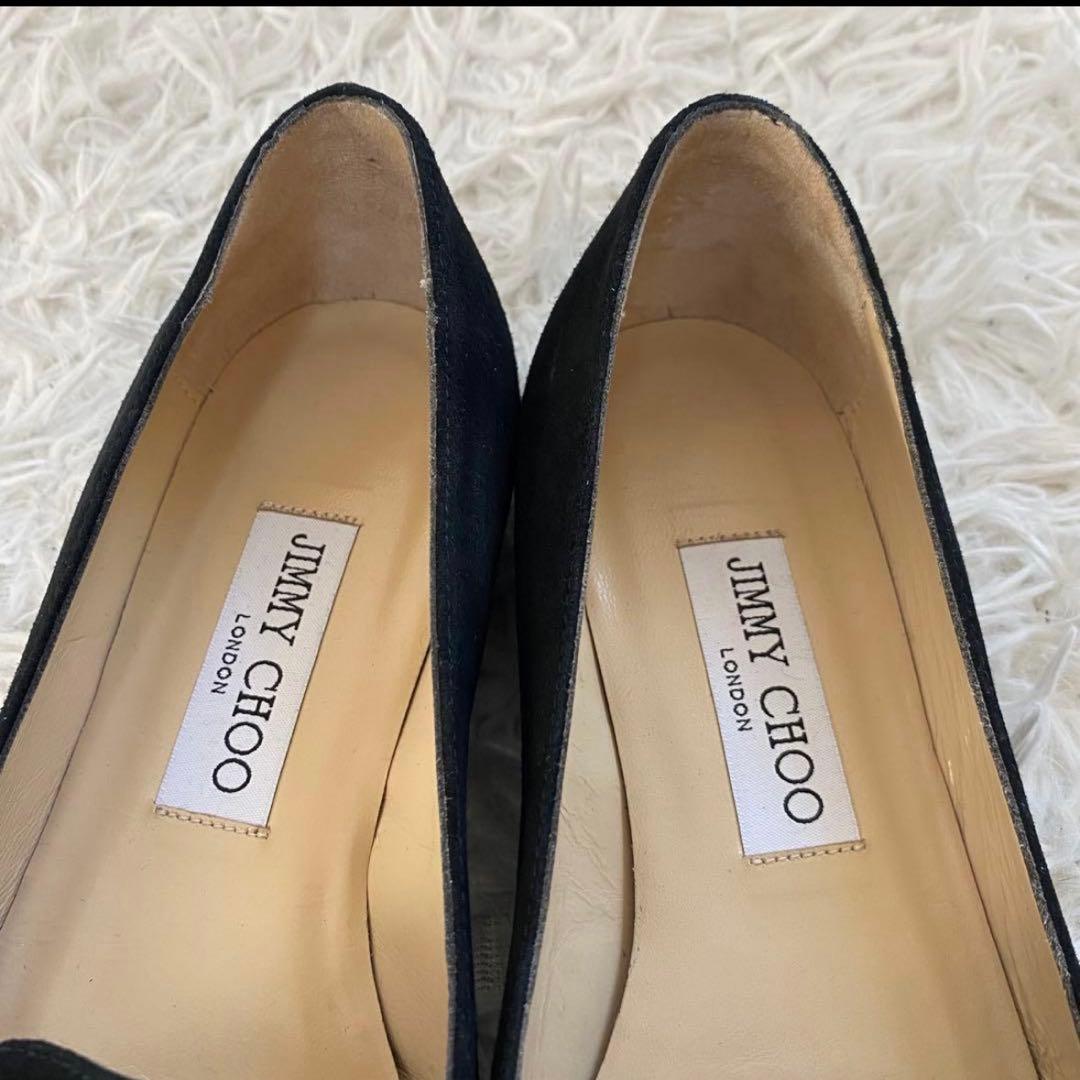 ジミーチュウ　フラットシューズ　スエード　黒　ロゴ金具　リボン