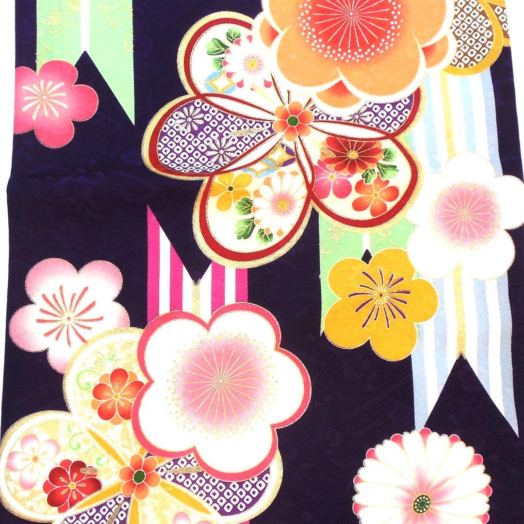 未使用品★洗える振袖　振袖フルセット　ポリ　成人式　振袖　M～Ｌサイズ　紺　花柄