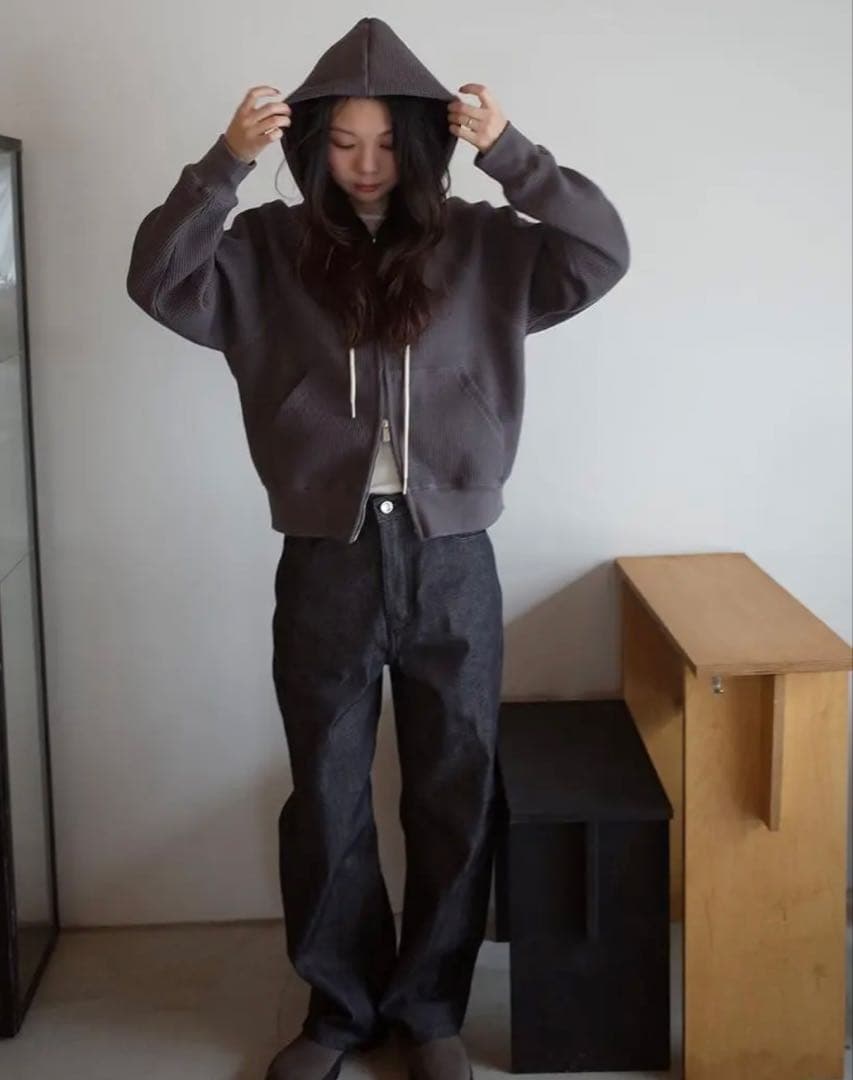 【 OHOTORO】Nap Waffle Zipper Hoodie チャコール