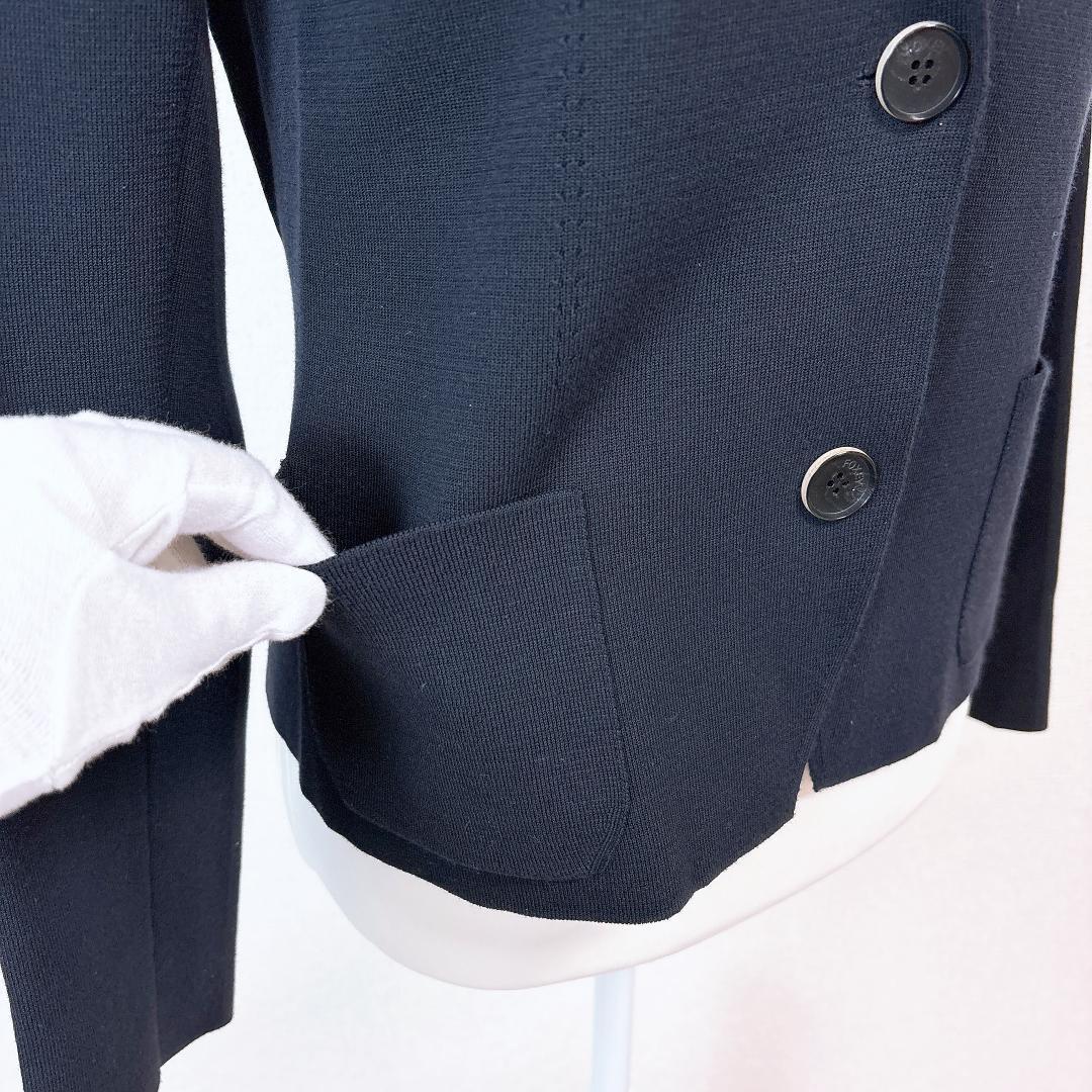 【美品】FOXEY ニット地テーラードジャケット 38 無地 ダークネイビー