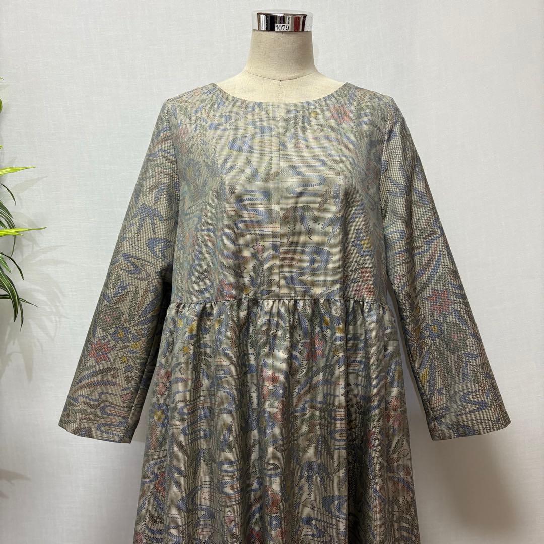 着物リメイクワンピース　大島紬　花柄　ロング　ふんわりギャザー　L ゆったり