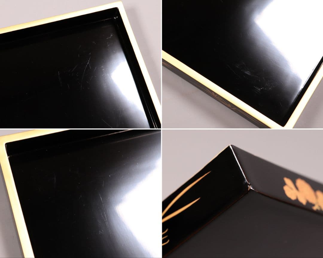 輪島塗 四君子 金蒔絵 二段重 重台 二枚蓋 黒塗 朱塗 木箱 木製 MA90