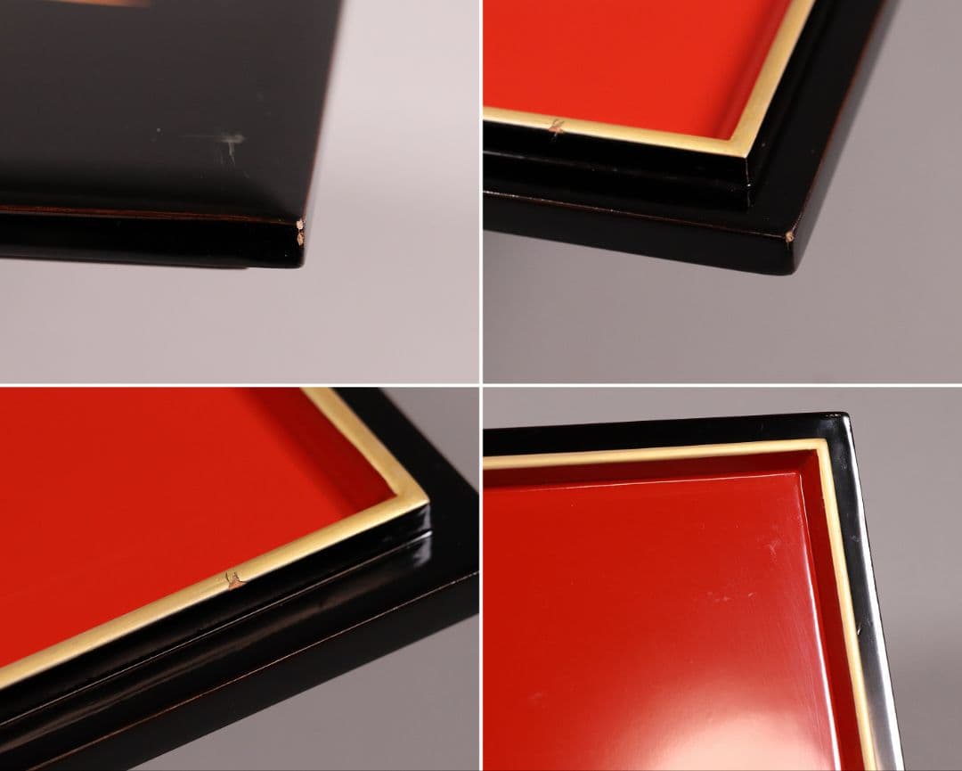 輪島塗 四君子 金蒔絵 二段重 重台 二枚蓋 黒塗 朱塗 木箱 木製 MA90