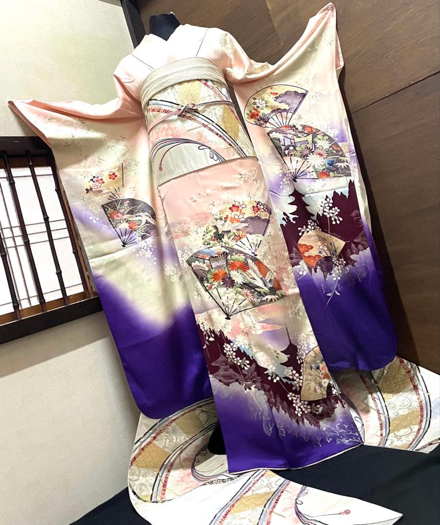 振袖 フルセット6点サイズM〜Ｌ扇子御所車鶴文　暈し染め　金糸　銀彩　正絹