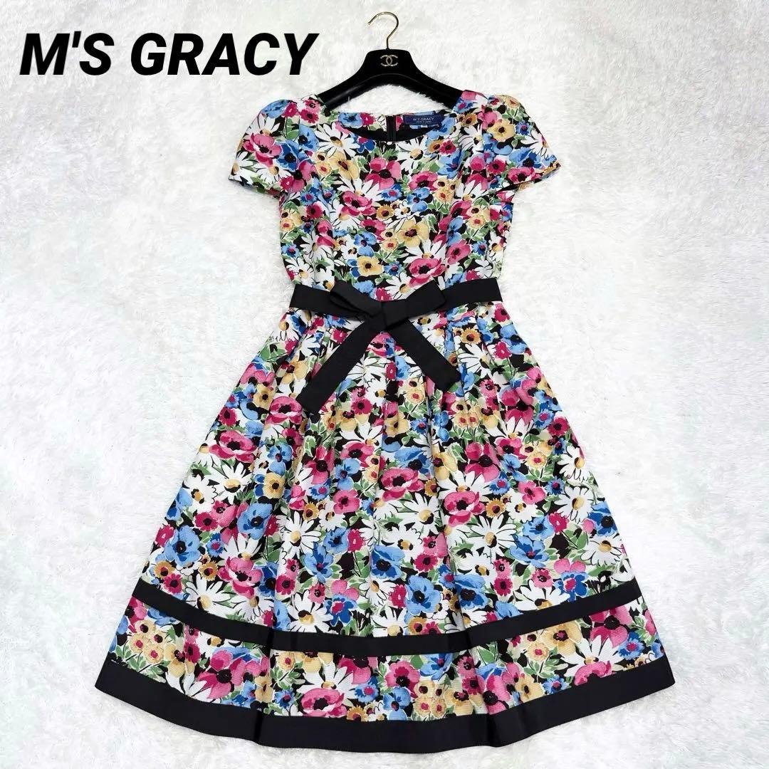 【極美品】エムズグレイシー　ワンピースグログランリボン　花柄　40