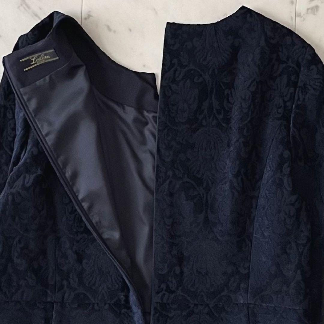 極美品＊レリアン ウール混総柄ワンピース 15号 大きいサイズ ネイビー 日本製