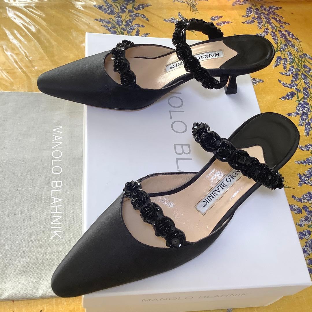 試着のみ新品! マノロブラニク バラモチーフ 極上サテン地 サンダル 22㎝