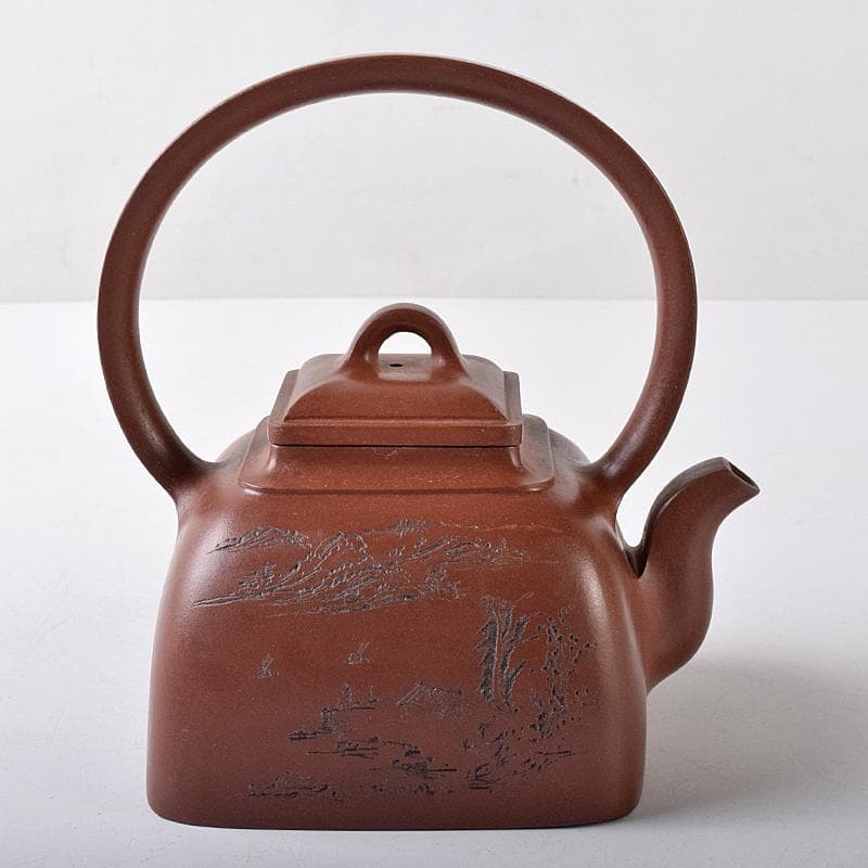 pretty　中国　紫砂朱泥　山水文　四方急須　茶壷　在銘　V　R8216