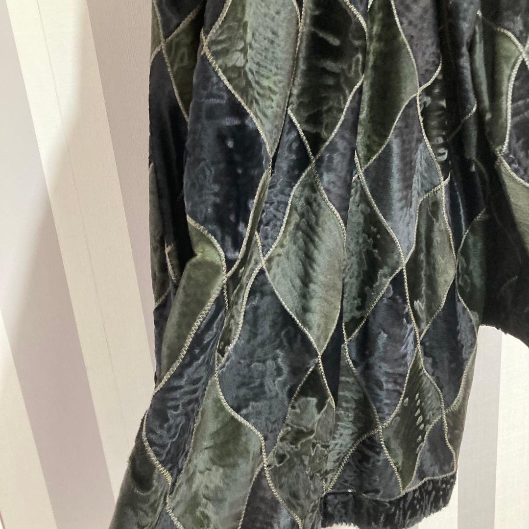 リンナネン【L】高級ファーコート◎ブラック　異素材のダイヤ柄　ロシアンカラクール