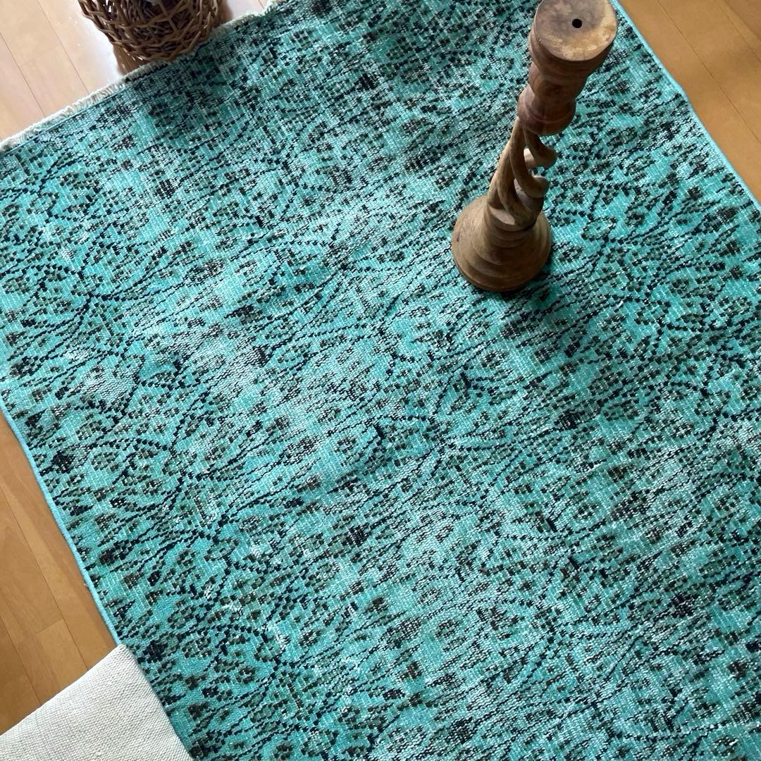 110×150 ボタニカル　ターコイズオーバーダイ　トルコヴィンテージラグ