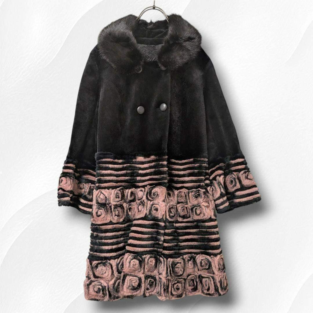 【希少】ミンク襟 × レッキスラビット 薔薇柄 リアルファーコート ピンク