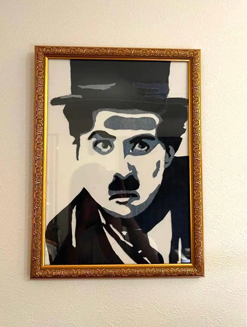 チャールズ・チャップリン　デニムアート　額縁付き