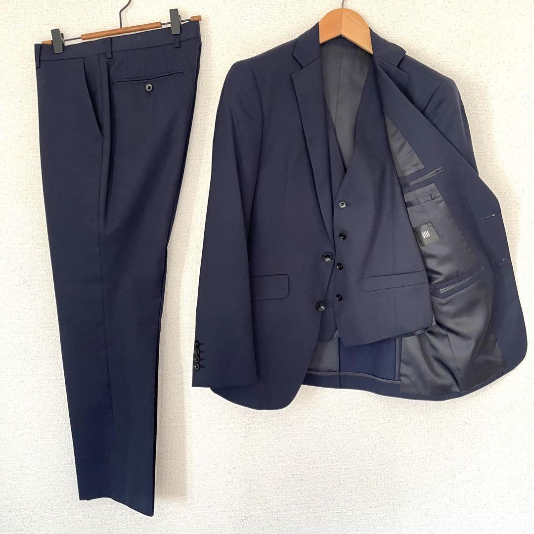 SUIT SELECTスリーピースネイビーシングル2釦スーツセットアップ