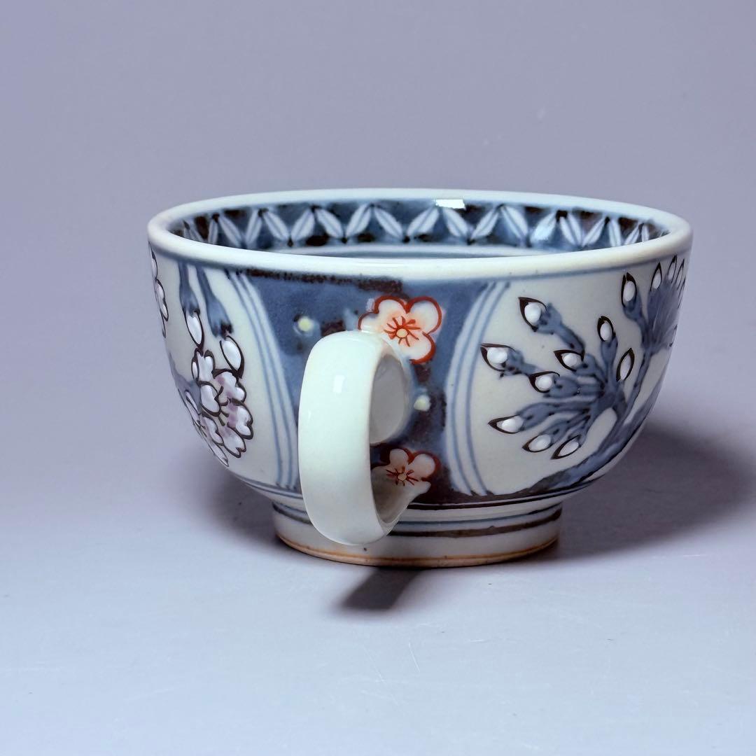 五代　佐藤走波　七十五才　染錦桜と朝顔文カップ＆ソーサー　コレクター放出品　訳有