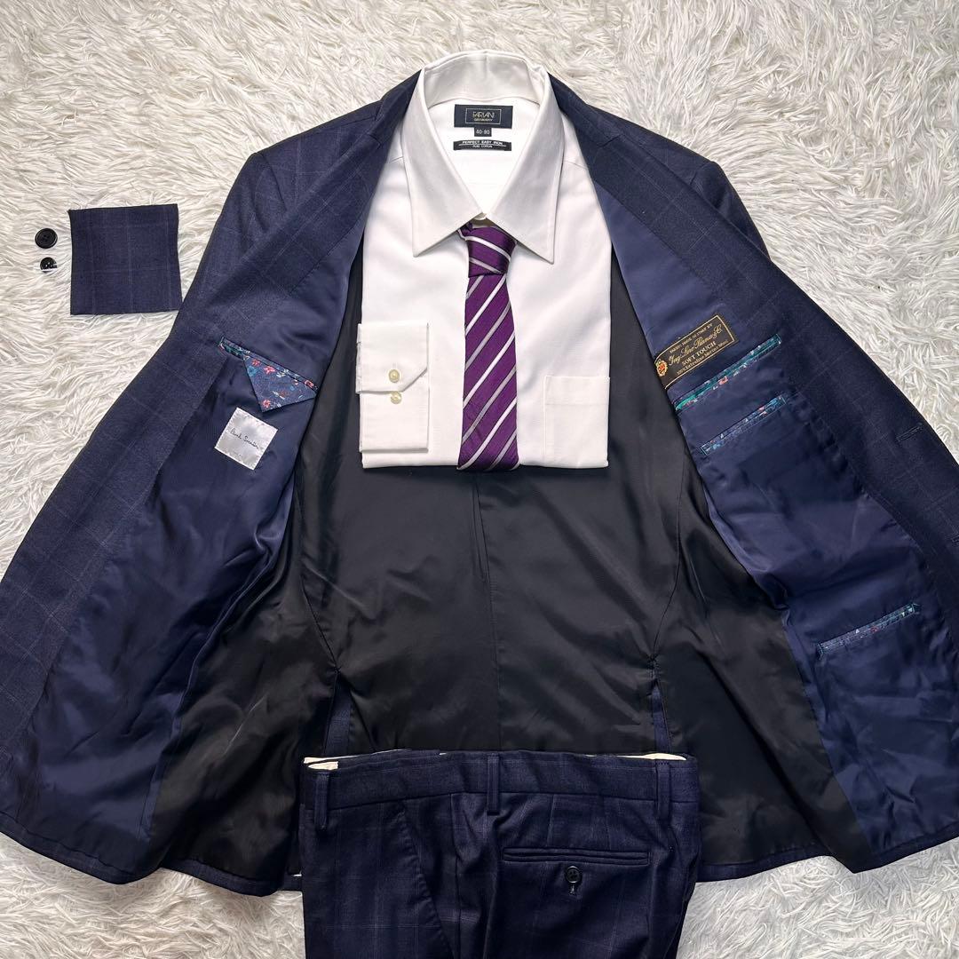 現行 極美品 ポールスミス ロロピ生地 光沢 セットアップ ネイビー 総裏 L