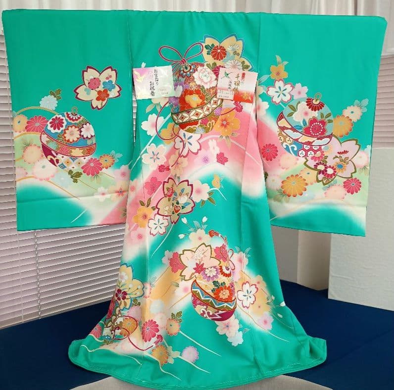 お宮参り　一つ身　着物　ターコイズ