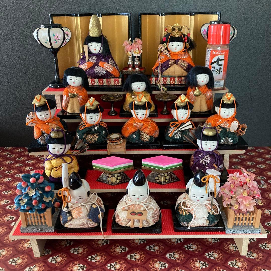 雛人形　ソラ　アンティーク　小さな豆雛木目込み十五人揃え