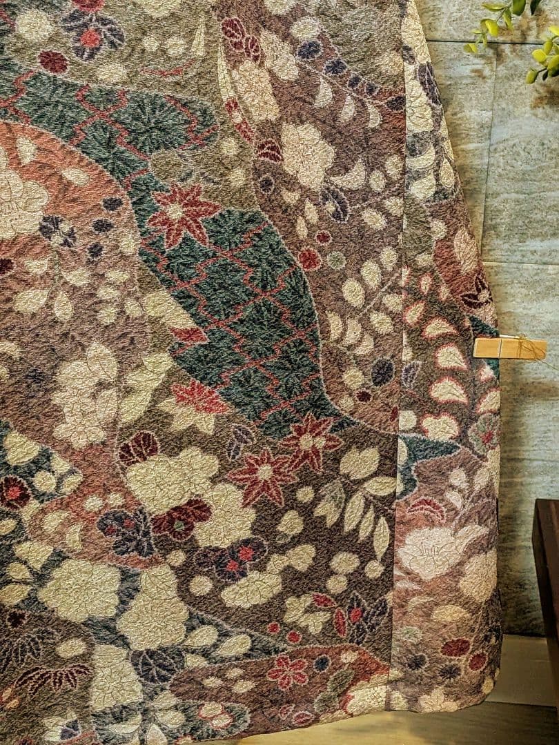 A272着物リメイク辻が花柄Aラインワンピース★リボン・ブローチ