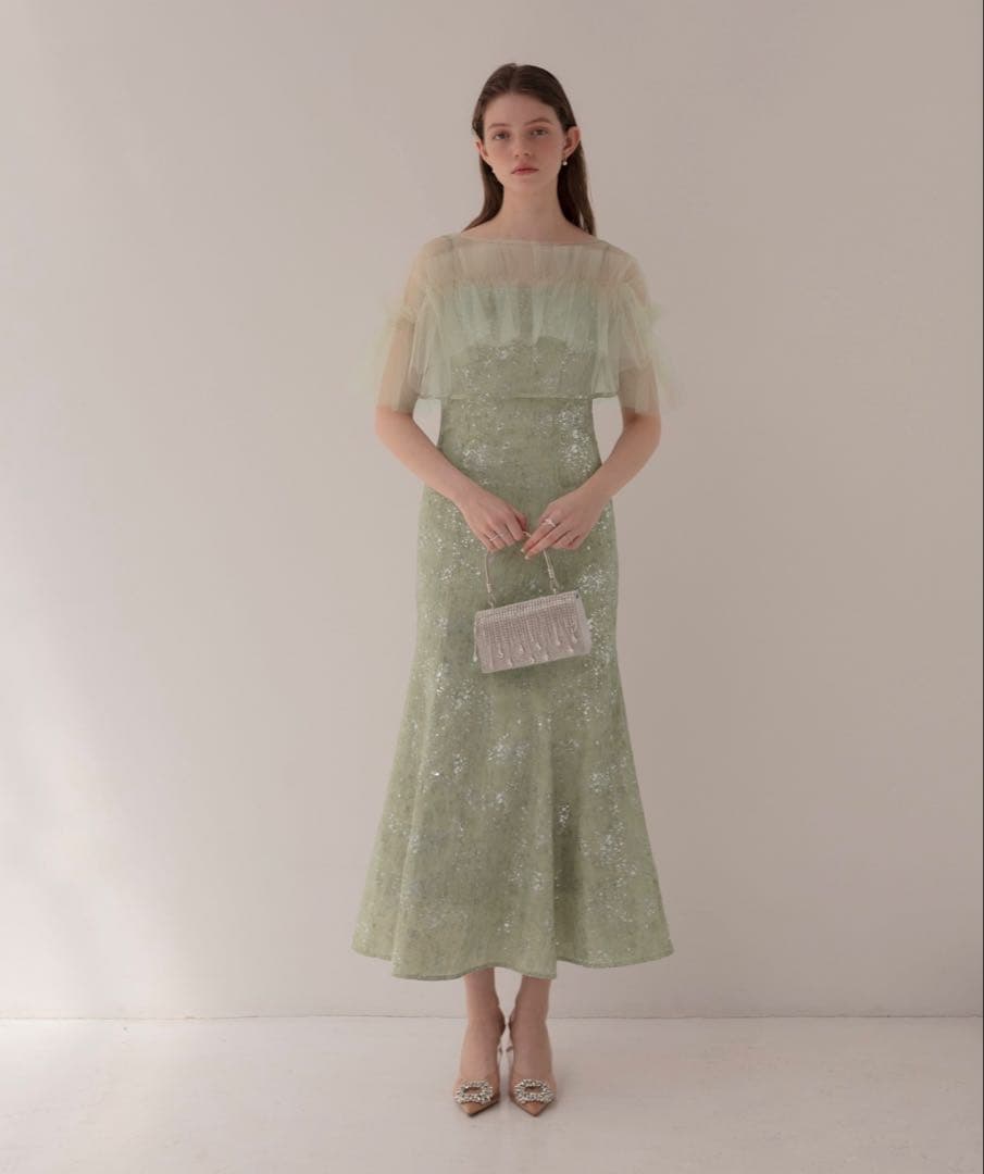 Leja チュールフリルボレロペイントマーメイドドレスワンピース　グリーン　M