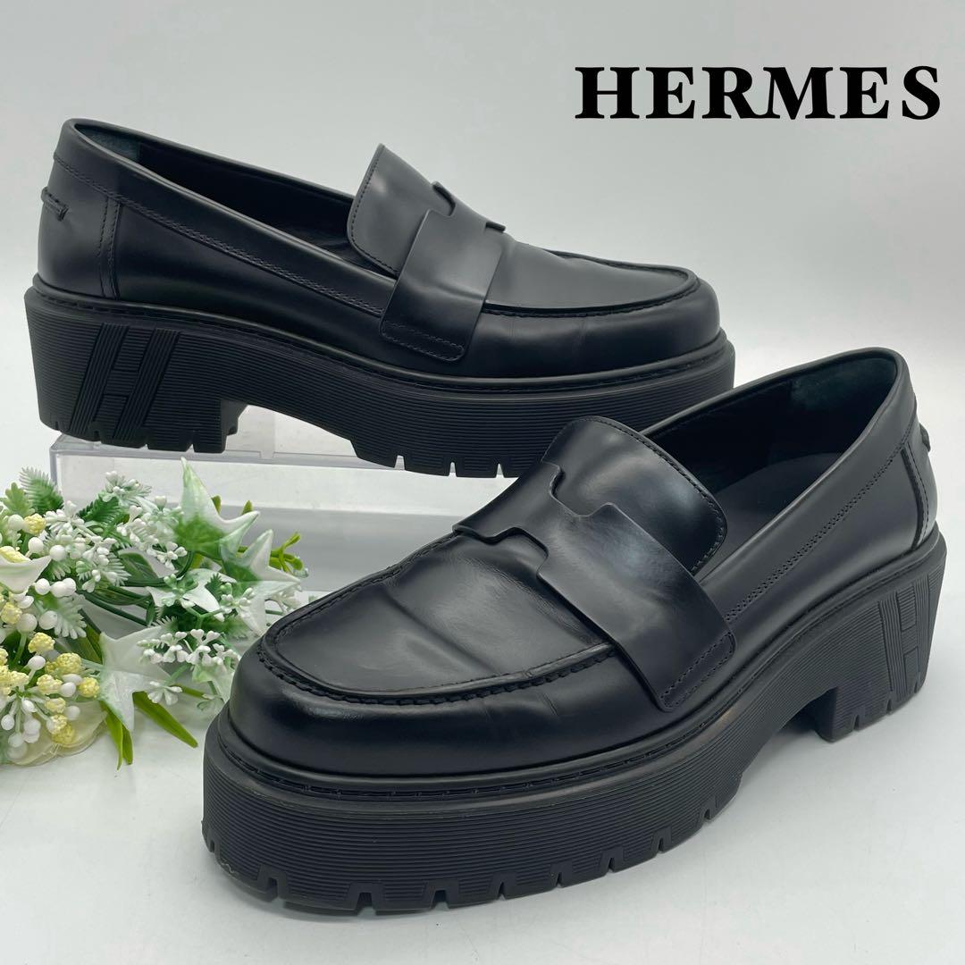 HERMES エルメス　ローファー　モカシン　ブラック　クロ　レザー