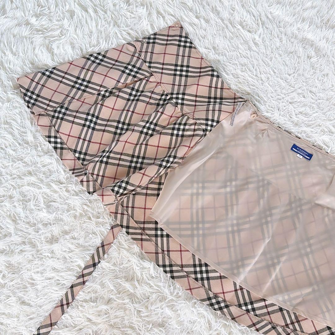 【バーバリーブルーレーベル】リボンベルトラップフレアスカート ノバチェック 36